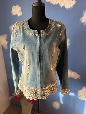 Tesoro Moda Jean Jacket with Lace, Beads and Bling, Like New